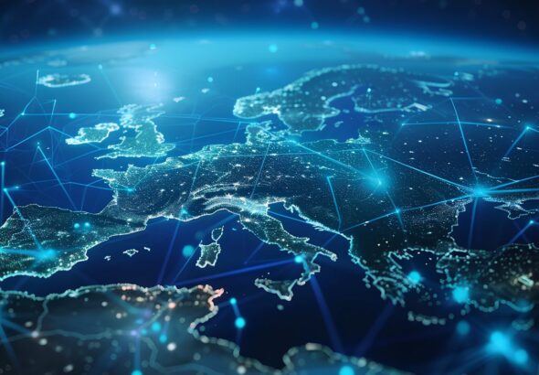 European telecommunication network connected over Europe, France, Germany, UK, Italy, concept about internet and global communication technology for finance